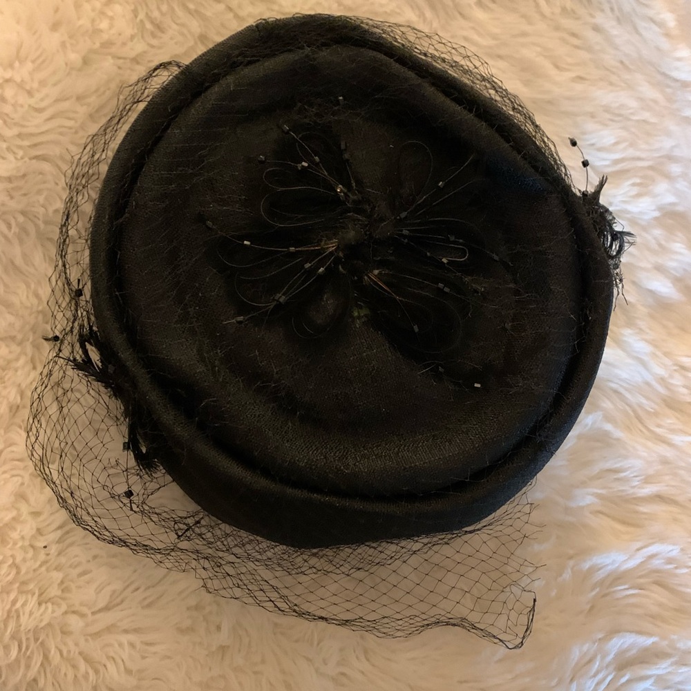 Vintage Pill Box Hat with veil, feathers & beads